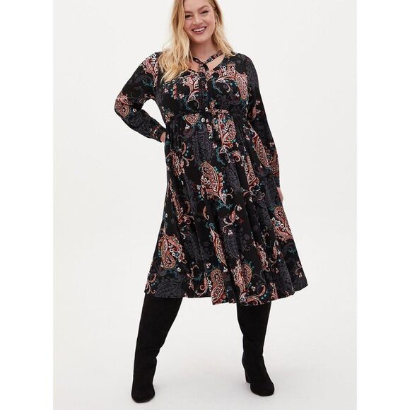 Torrid Women Black Paisley Challis Midi Skater Dress Plus Size 1X Boho Flowy - Picture 1 of 13